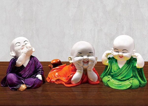 Handcrafted Ployresin Multicolour Laughing Lord Buddha Statues Showpiece Home Decor/Office Decor/Spiritual Gift, Three Pieces - Karigaari India Aesthetic Home Decor