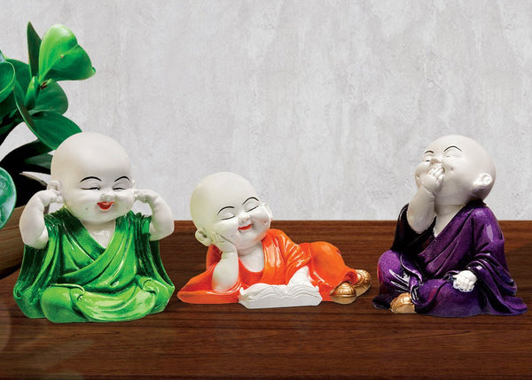 Handcrafted Ployresin Three Laughing Lord Buddha Statues Showpiece Home Decor/Office Decor/Spiritual Gift, Multicolour