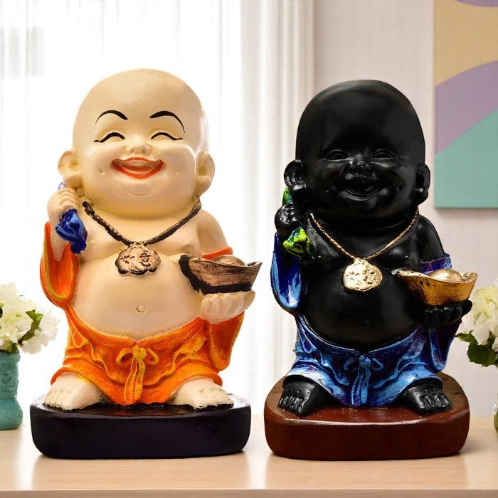 Handcrafted Ployresin Two Multicolour Standing Laughing  Lord Buddha Statue Showpiece Home Decor/Office Decor/Spiritual Gift - Karigaari India Aesthetic Home Decor