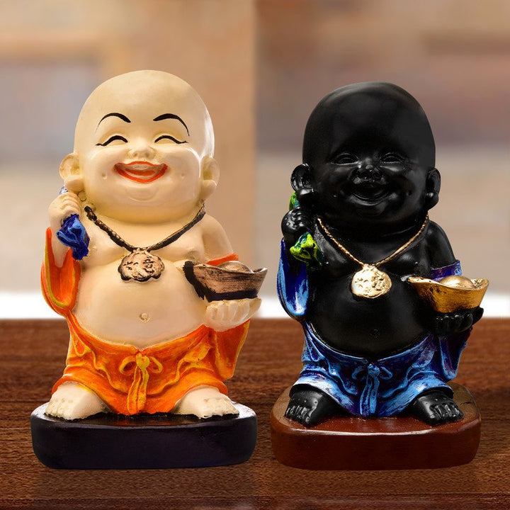 Handcrafted Ployresin Two Multicolour Standing Laughing  Lord Buddha Statue Showpiece Home Decor/Office Decor/Spiritual Gift - Karigaari India Aesthetic Home Decor