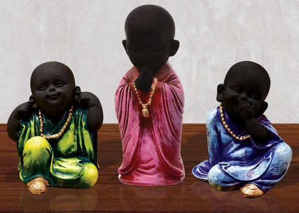 Handcrafted Ployresin Three Multicolour Pieces Standing And SItting  Lord Buddha Statue Showpiece Home Decor/Office Decor/Spiritual Gift - Karigaari India Aesthetic Home Decor
