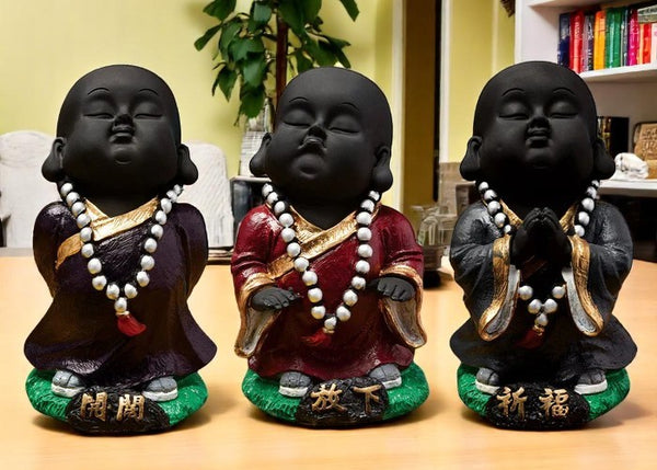 Handcrafted Ployresin Standing And Praying  Lord Buddha Statue Three Brown And Red Colour Pieces Showpiece Home Decor/Office Decor/Spiritual Gift - Karigaari India Aesthetic Home Decor