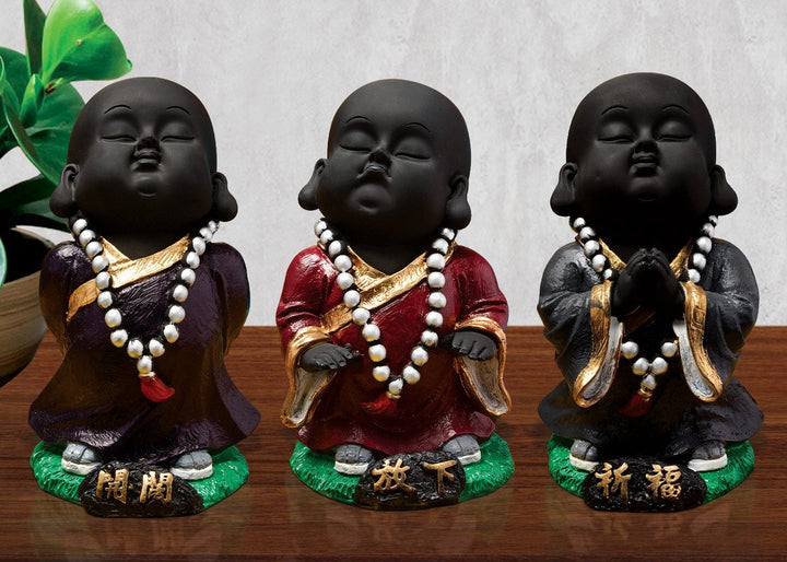 Handcrafted Ployresin Standing And Praying  Lord Buddha Statue Three Brown And Red Colour Pieces Showpiece Home Decor/Office Decor/Spiritual Gift - Karigaari India Aesthetic Home Decor