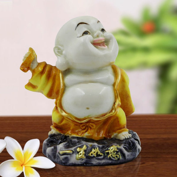 Handcrafted Ployresin Lord Buddha Standing On Stone And Laughing Statue Showpiece Home Decor/Office Decor/Spiritual Gift, Yellow - Karigaari India Aesthetic Home Decor