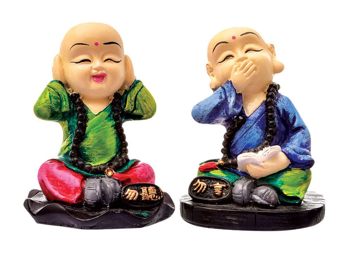 Handcrafted Ployresin Sitting With Putting Fingers On Ears And Mouth Lord Buddha Statue Multicolour Showpiece Home Decor/Office Decor/Spiritual Gift, Two Pieces - Karigaari India Aesthetic Home Decor