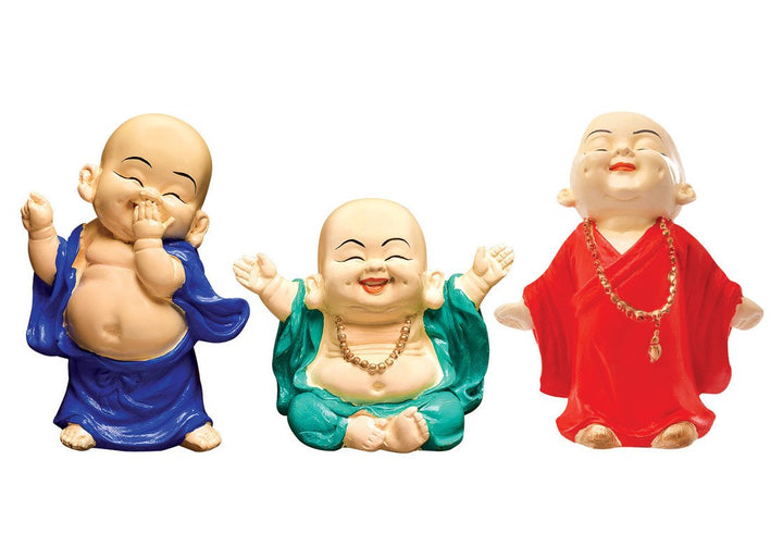 Handcrafted Ployresin Standing And Sitting, Smiling ,Happy Lord Buddha Statue Showpiece Home Decor/Office Decor/Spiritual Gift, Three Pieces, Blue Orange And Green Colour - Karigaari India Aesthetic Home Decor