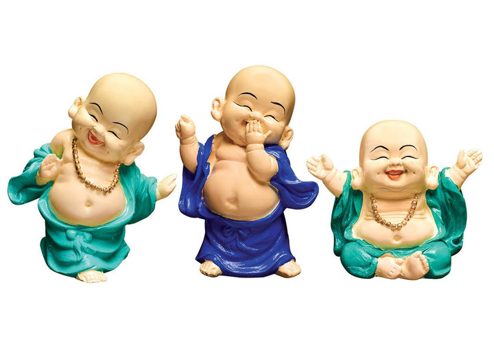 Handcrafted Ployresin Standing And Sitting, Laughing ,Happy Lord Buddha Green, Blue Colour Statue Showpiece Home Decor/Office Decor/Spiritual Gift, Three Pieces - Karigaari India Aesthetic Home Decor