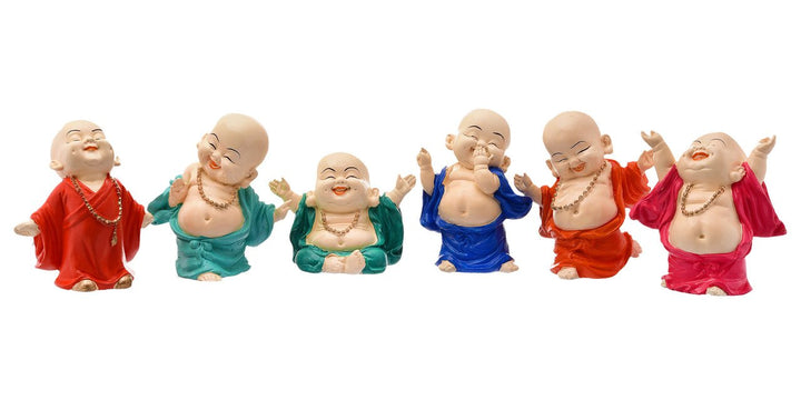 Handcrafted Ployresin Standing And Sitting, Laughing ,Happy Lord Buddha Orange, Green, Blue Colour Statue Showpiece Home Decor/Office Decor/Spiritual Gift, Six Pieces - Karigaari India Aesthetic Home Decor