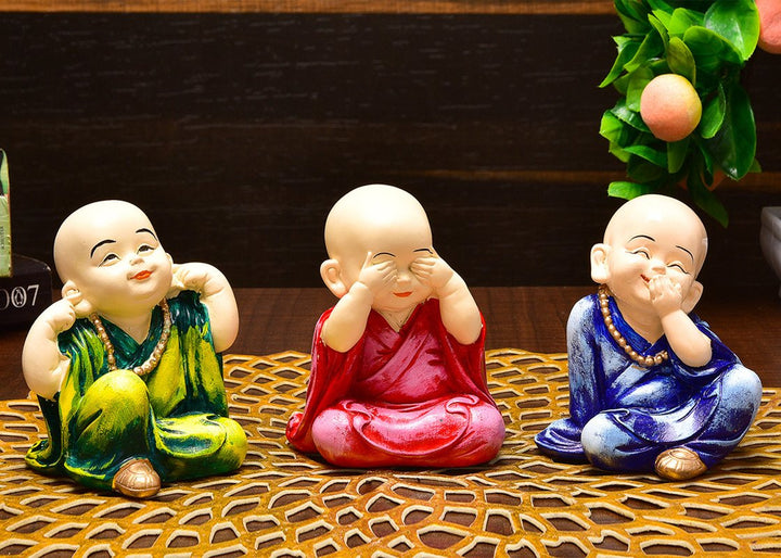 Handcrafted Ployresin Sitting With Putting Fingers On Mouth, Eyes And Ears Three Lord Buddha Multicolour Statues Showpiece Home Decor/Office Decor/Spiritual Gift - Karigaari India Aesthetic Home Decor