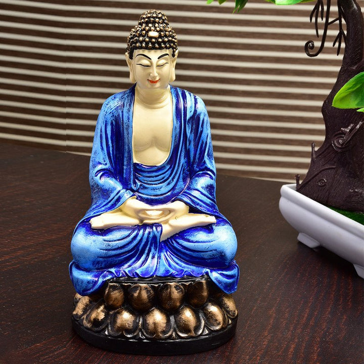 Handcrafted Ployresin Lord Buddha Meditating Statue Sitting On Lotus Showpiece Home Decor/Office Decor/Spiritual Gift, Blue - Karigaari India Aesthetic Home Decor