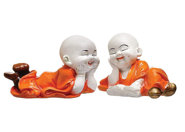 Handcrafted Ployresin Lord Buddha Sleeping Laughing Statue Two Pieces  Showpiece Home Decor/Office Decor/Spiritual Gift, Orange Colour - Karigaari India Aesthetic Home Decor