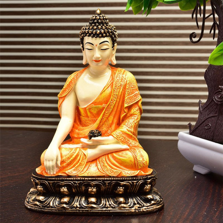Handcrafted Ployresin Lord Buddha Orange Colour Sitting Statue Sitting On Golden Colour Table Showpiece Home Decor/Office Decor/Spiritual Gift - Karigaari India Aesthetic Home Decor