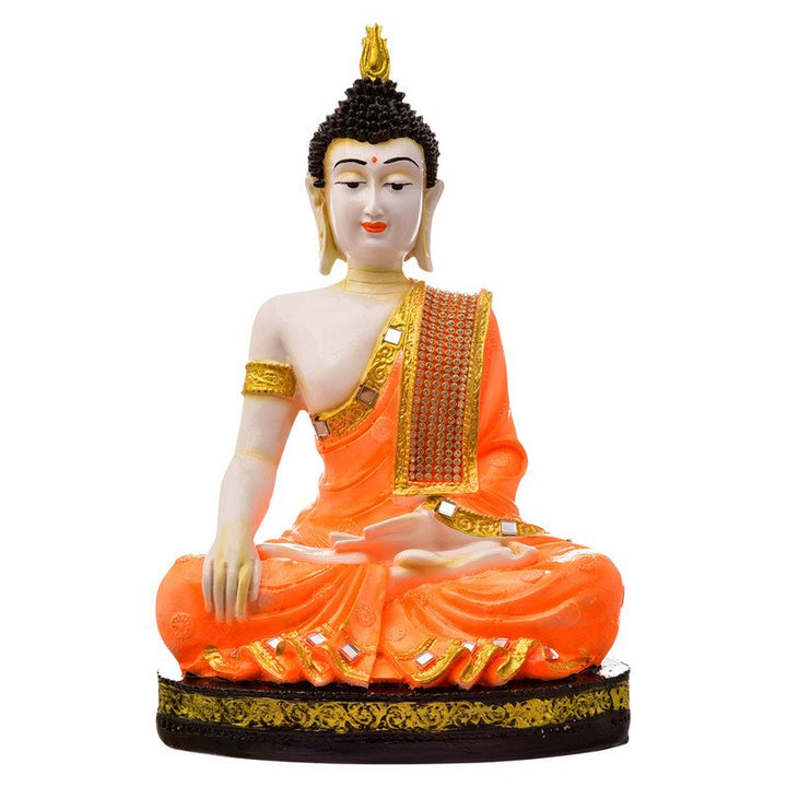 Handcrafted Ployresin Lord Buddha Meditating Statue Sitting On Golden Colour Table Showpiece Home Decor/Office Decor/Spiritual Gift, Orange Colour - Karigaari India Aesthetic Home Decor