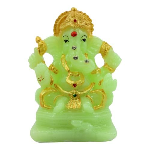 Small Lord Ganesha With Rat Sitting Wearing Gold Ornaments Crystal Green Idol for Home Decor - Karigaari India Aesthetic Home Decor