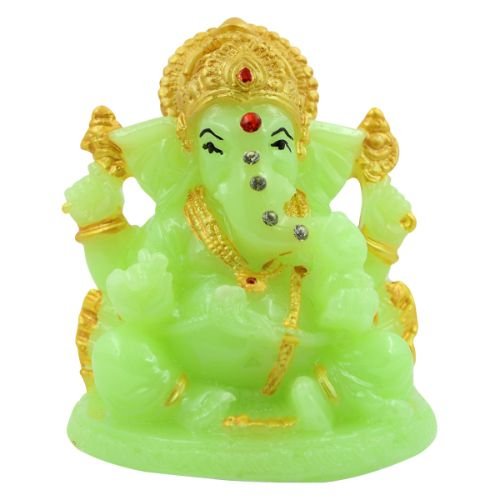 Lord Ganesha sitting Unique Crystal Green Colour Idol with Golden Ornaments for Home Decor - Karigaari India Aesthetic Home Decor