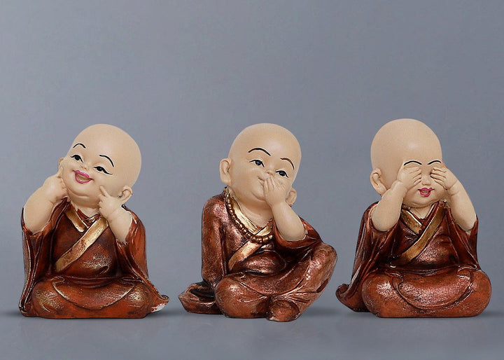 Handcrafted Ployresin Lord Buddha Three Sitting Statues Wearing Shiny Brown Clothes Showpiece Home Decor/Office Decor/Spiritual Gift - Karigaari India Aesthetic Home Decor