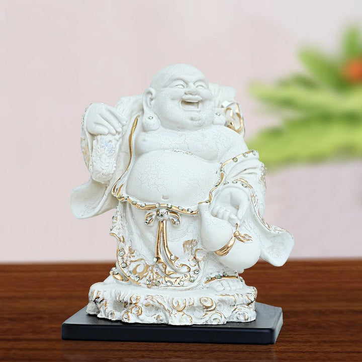 Handcrafted Ployresin Lord Buddha  Standing With Laughing White Colour With Golden Border Statue Showpiece Home Decor/Office Decor/Spiritual Gift - Karigaari India Aesthetic Home Decor