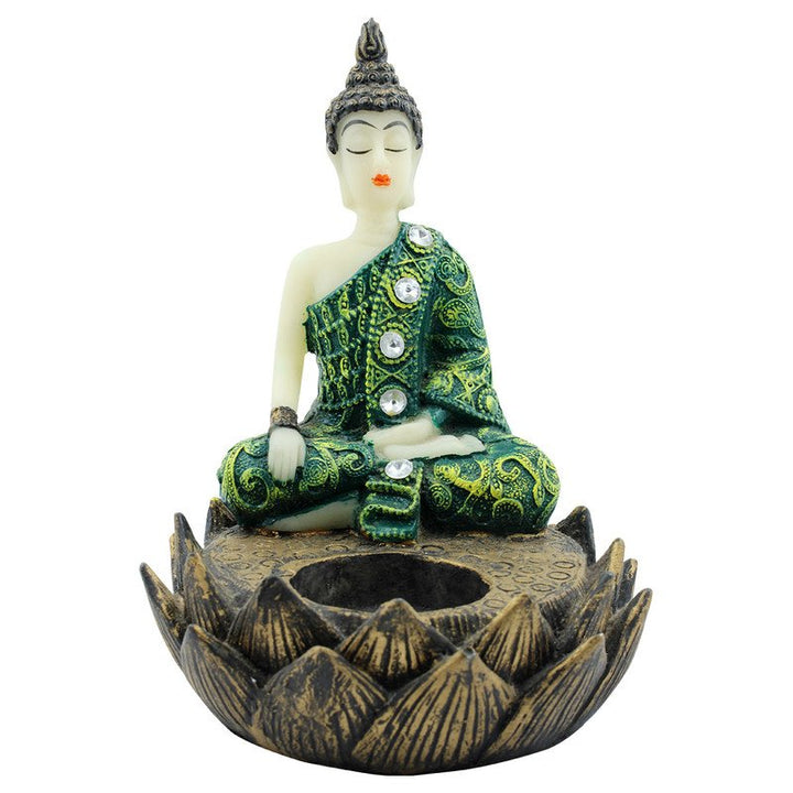 Handcrafted Ployresin Lord Buddha Sitting On Lotus Statue Showpiece Home Decor/Office Decor/Spiritual Gift, Green And Brown - Karigaari India Aesthetic Home Decor