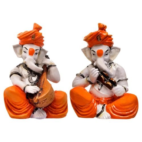Unique Two Lord Ganesha Playing Instruments Idol Orange Best for Home Decor - Karigaari India Aesthetic Home Decor
