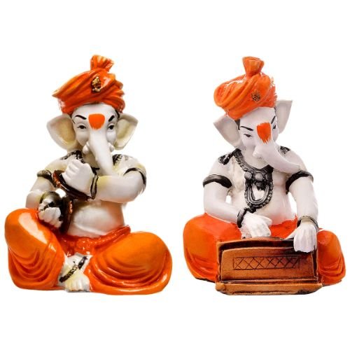 Small Unique Two Lord Ganesha Playing Instruments Idol Orange Best for Home Decor - Karigaari India Aesthetic Home Decor
