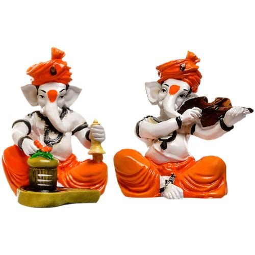 Unique Little Two Lord Ganesha Playing Instruments Idol Orange Best for Home Decor - Karigaari India Aesthetic Home Decor