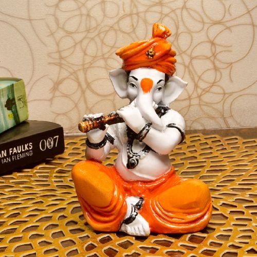 Unique Little Lord Ganesha Playing Flute Idol Orange Best for Home Decor - Karigaari India Aesthetic Home Decor