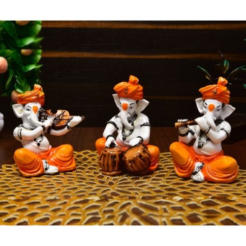 Unique Three Lord Ganesha Playing Instruments Idol Orange Best for Home Decor - Karigaari India Aesthetic Home Decor