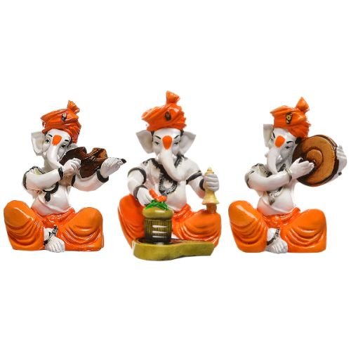 Unique Design Three Lord Ganesha Playing Instruments Idol Orange Best for Home Decor - Karigaari India Aesthetic Home Decor
