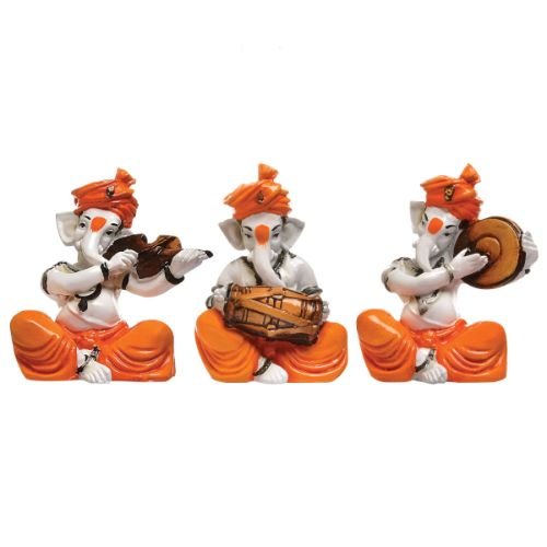 Unique Design Three Little Lord Ganesha Playing Instruments Idol Orange Best for Home Decor - Karigaari India Aesthetic Home Decor