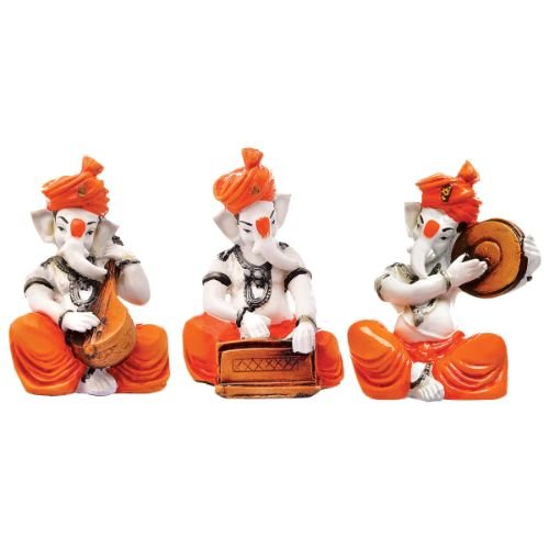 Unique Design Three Lord Ganesha Playing Instruments Idol Orange Best Item for Home Decor - Karigaari India Aesthetic Home Decor