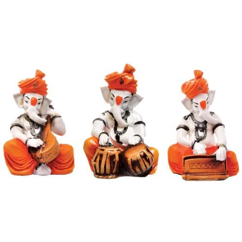 Unique Design Three Little Lord Ganesha Playing Instruments Idol Orange Best Item for Home Decor - Karigaari India Aesthetic Home Decor