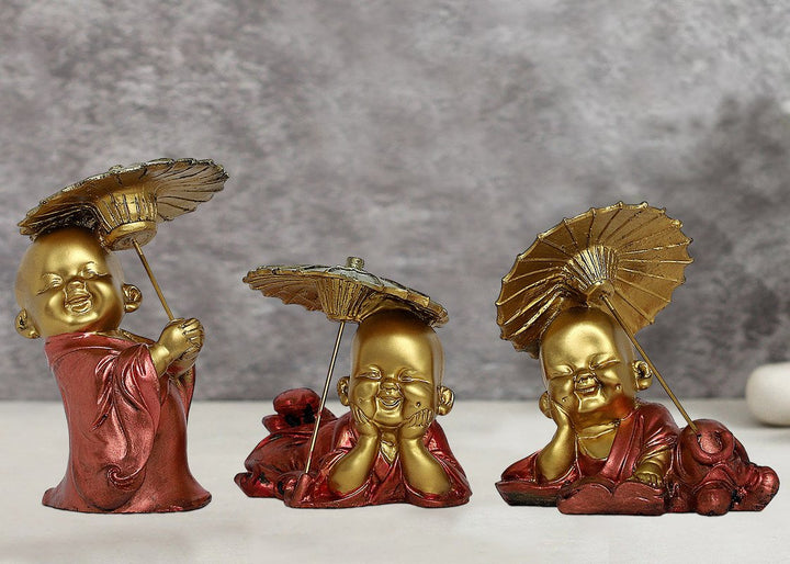 Handcrafted Ployresin Lord Buddha Golden Statue With Umbrella Showpiece Home Decor/Office Decor/Spiritual Gift, Three Pieces - Karigaari India Aesthetic Home Decor