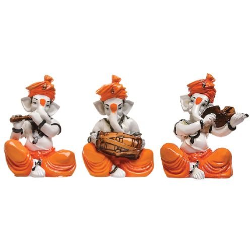 Three Lord Ganesha Idol Playing Instruments Idol Orange Best & Unique Item for Home Decor - Karigaari India Aesthetic Home Decor