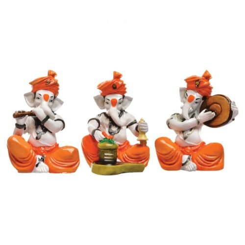 Three Little Lord Ganesha Idol Playing Instruments Orange Best & Unique Item for Home Decor - Karigaari India Aesthetic Home Decor