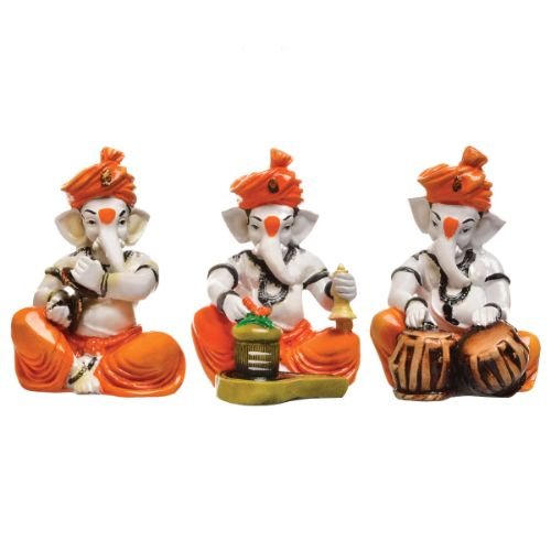 Three Little Lord Ganesha Idol Playing Instruments Orange Best & Unique Design for Home Decor - Karigaari India Aesthetic Home Decor