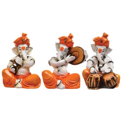 Three Small Lord Ganesha Idol Playing Instruments Orange Best & Unique Design for Home Decor - Karigaari India Aesthetic Home Decor