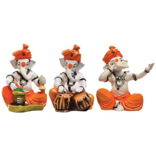 Three Lord Ganesha Idol Playing Instruments Best & Unique Design Orange for Home Decor - Karigaari India Aesthetic Home Decor