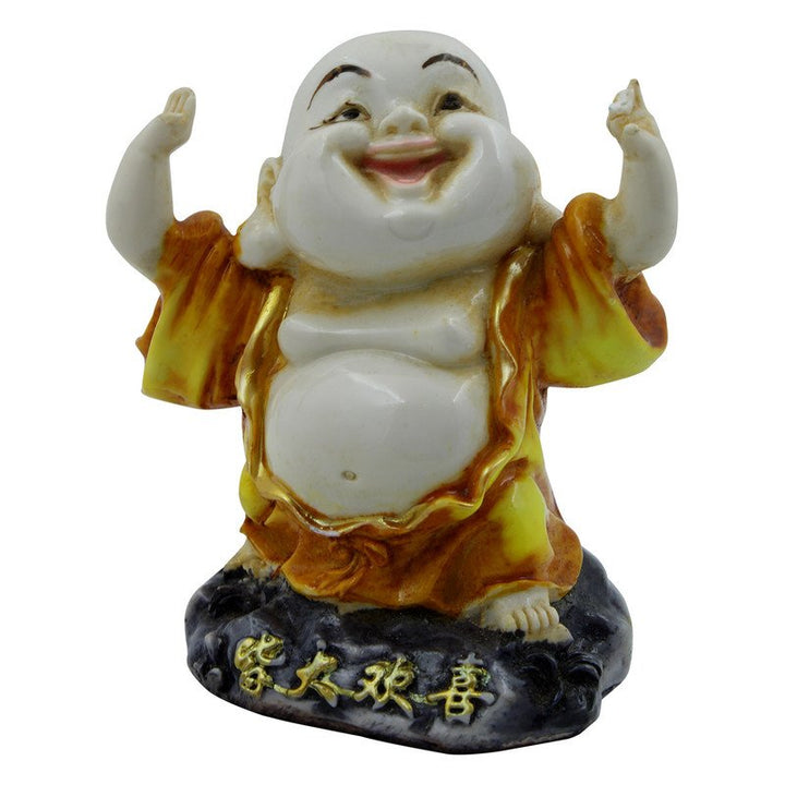 Handcrafted Ployresin Lord Buddha Laughing And Standing Statue Showpiece Home Decor/Office Decor/Spiritual Gift, White And Yellow - Karigaari India Aesthetic Home Decor
