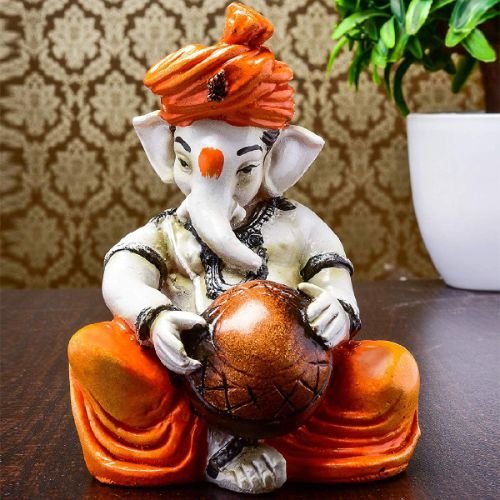 Little Lord Ganesha Idol Playing Instruments Best & Unique Design Orange for Home Decor - Karigaari India Aesthetic Home Decor