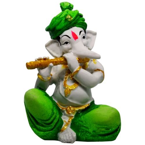 Lord Ganesha Idol Playing Flute Best & Unique Design Green for Home Decor - Karigaari India Aesthetic Home Decor