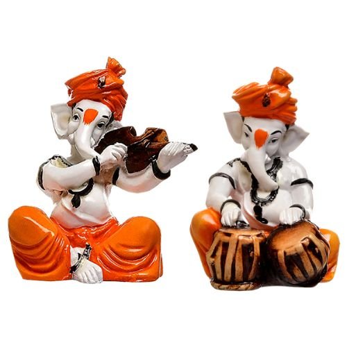 Unique Design Two Little Lord Ganesha Playing Instruments Idol Orange Best Item for Home Decor - Karigaari India Aesthetic Home Decor