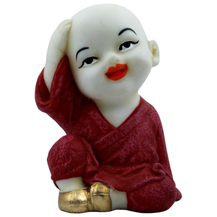 Handcrafted Ployresin Lord Buddha Sitting And Putting Hand On Head Statue Showpiece Home Decor/Office Decor/Spiritual Gift, White And Red - Karigaari India Aesthetic Home Decor