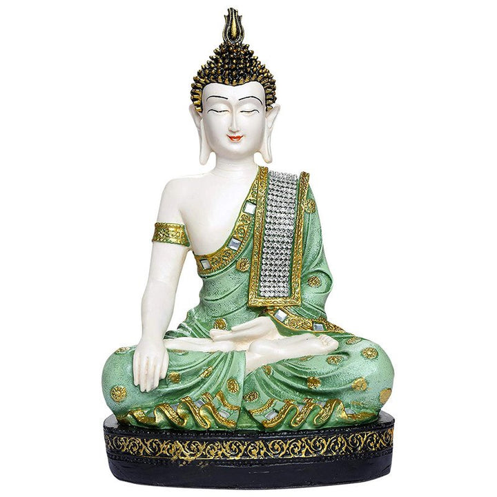 Handcrafted Ployresin Light Green And Golden Colour Sitting Lord Buddha Statue Showpiece Home Decor/Office Decor/Spiritual Gift - Karigaari India Aesthetic Home Decor