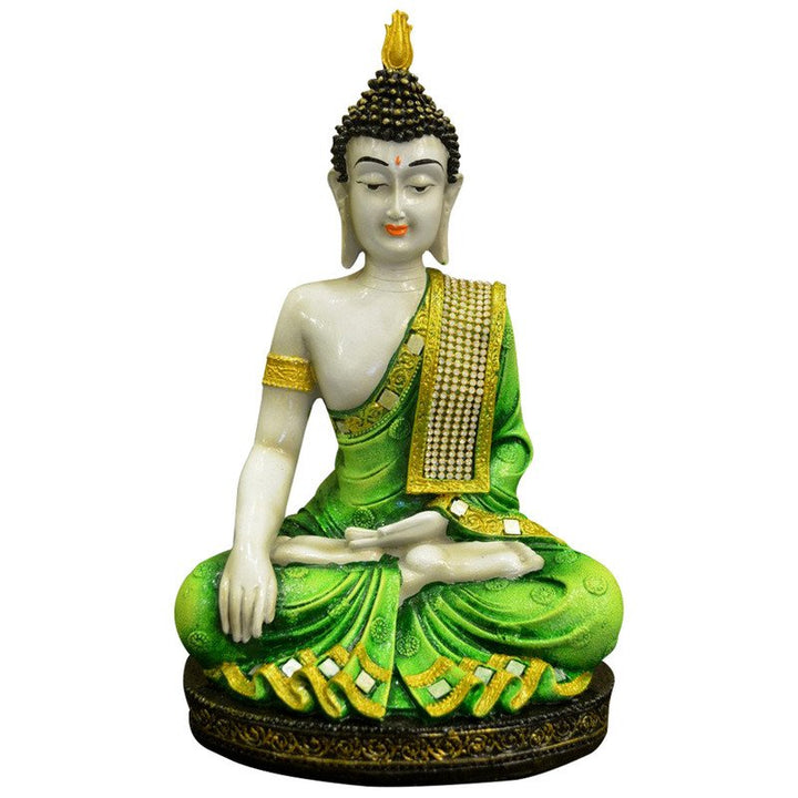 Handcrafted Ployresin Golden And Green Colour Sitting Lord Buddha Statue Showpiece Home Decor/Office Decor/Spiritual Gift - Karigaari India Aesthetic Home Decor