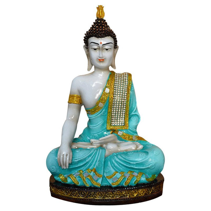 Handcrafted Ployresin Golden And Sky Blue Colour Sitting Lord Buddha Statue Showpiece Home Decor/Office Decor/Spiritual Gift - Karigaari India Aesthetic Home Decor