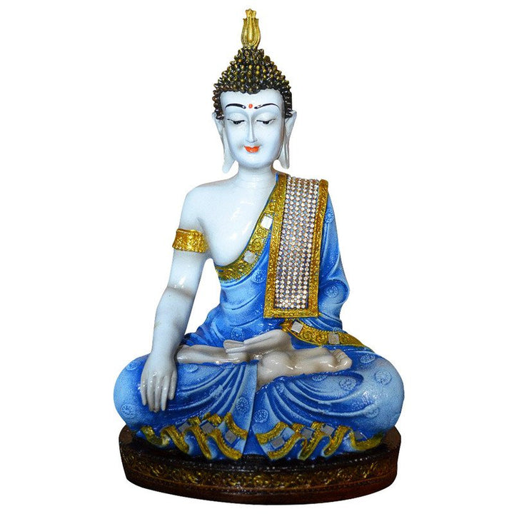 Handcrafted Ployresin Blue And Golden Colour Sitting Lord Buddha Statue Showpiece Home Decor/Office Decor/Spiritual Gift - Karigaari India Aesthetic Home Decor