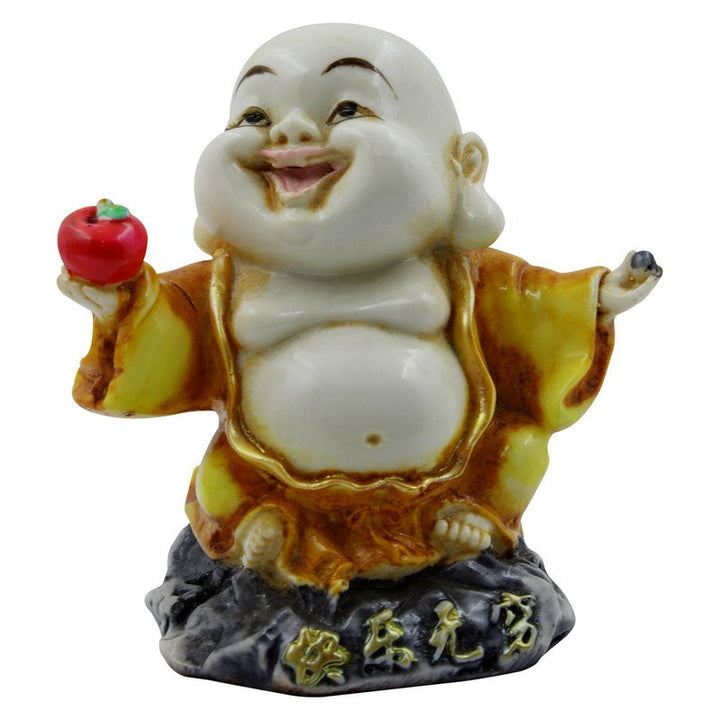 Handcrafted Ployresin Lord Buddha Laughing And Standing With Taking Apple in Hand White And Yellow Statue Showpiece Home Decor/Office Decor/Spiritual Gift - Karigaari India Aesthetic Home Decor