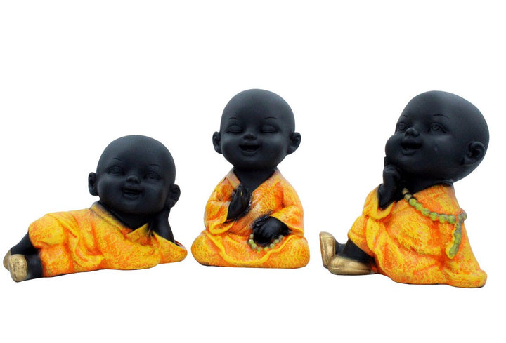 Handcrafted Ployresin Lord Buddha Three Sleeping, Praying And Thinking Statue Showpiece Home Decor/Office Decor/Spiritual Gift, Black And Orange - Karigaari India Aesthetic Home Decor