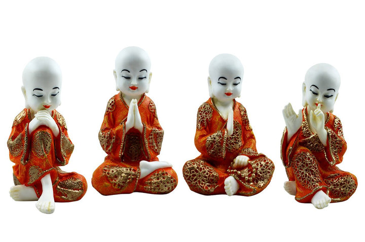 Handcrafted Ployresin Lord Buddha Four Sitting Statues Showpiece Home Decor/Office Decor/Spiritual Gift, White And Orange - Karigaari India Aesthetic Home Decor