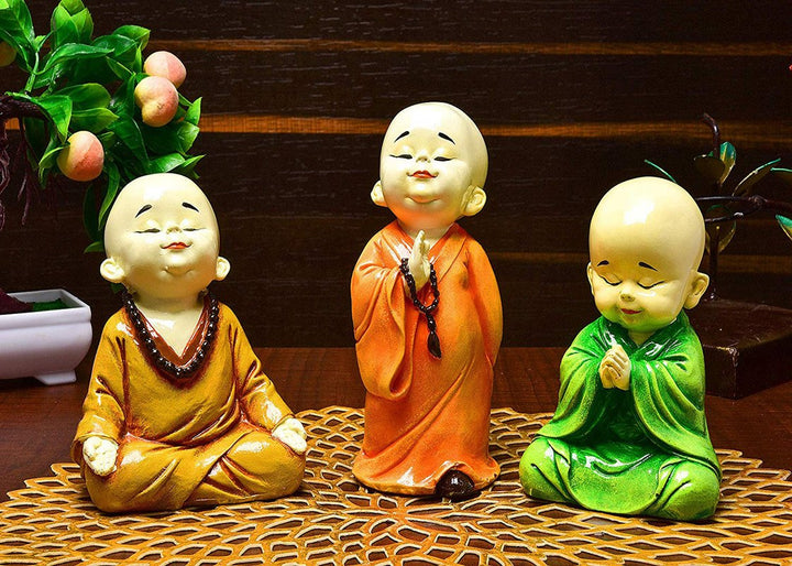 Handcrafted Ployresin Three Multicolour Praying And Meditating Lord Buddha Statues Showpiece Home Decor/Office Decor/Spiritual Gift - Karigaari India Aesthetic Home Decor